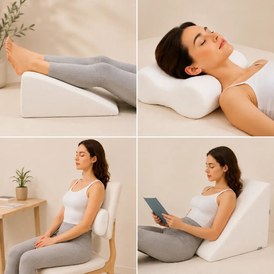 A four-panel lifestyle collage showing a woman using a white wedge-shaped lumbar support pillow in different sitting positions: reclining on her stomach, resting her head on it, seated upright with hands on lap, and reading a book while leaning back. The product is shown on a woman, so the subject_type is Lifestyle.