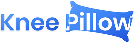 Blue graphic text reading 'Knee Pillow' on a white background, with the word 'Knee' in a flat blue and 'Pillow' inside a blue pillow-shaped outline.