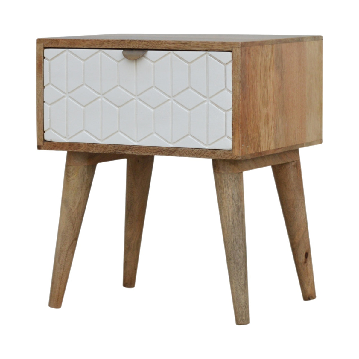Sleek White Carved Bedside Table | Oak Solid Mango Wood Hand-Carved