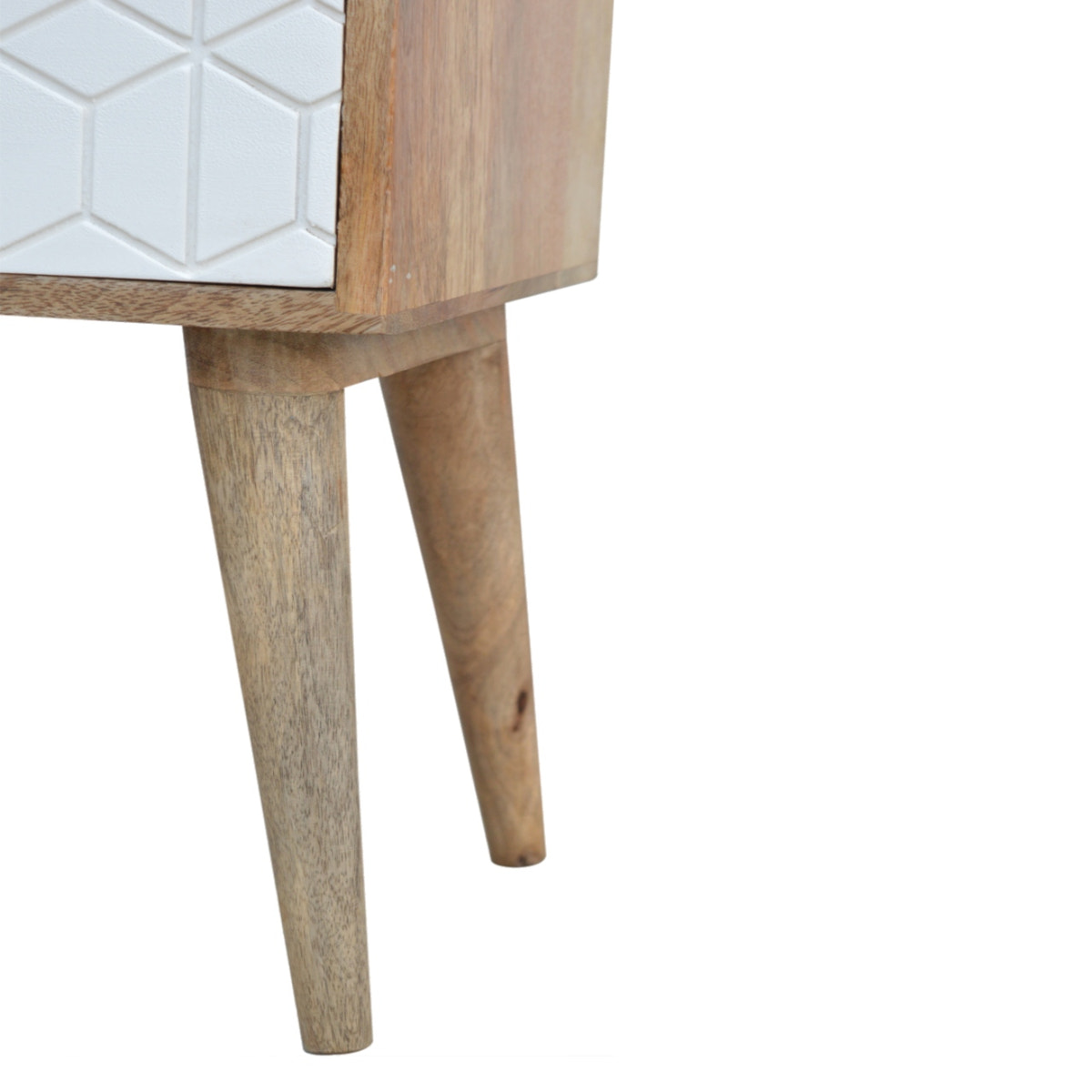 Sleek White Carved Bedside Table | Oak Solid Mango Wood Hand-Carved