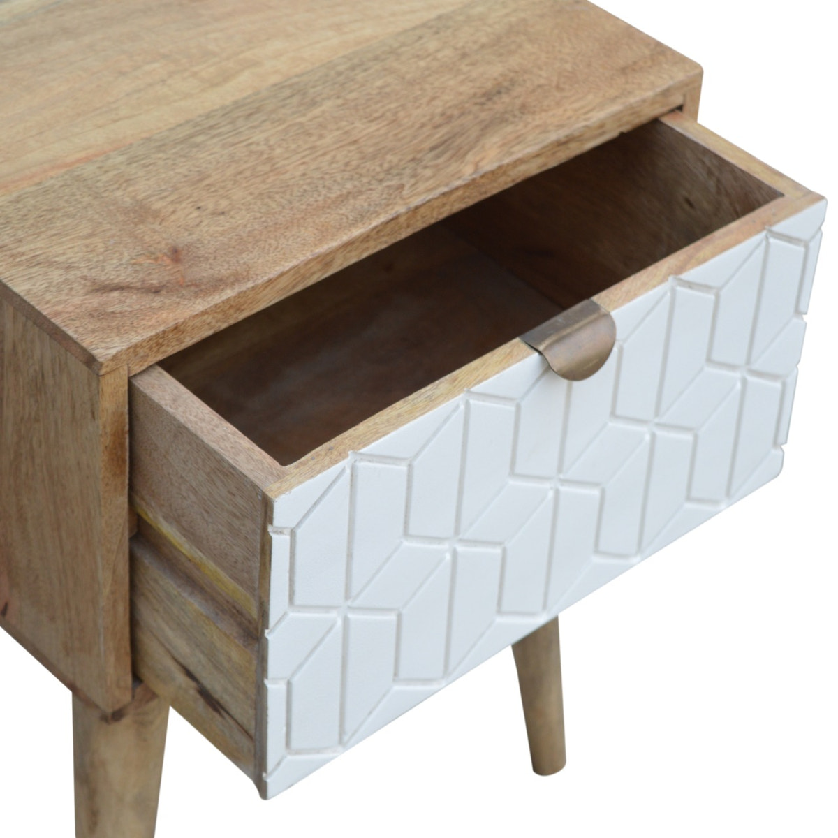 Sleek White Carved Bedside Table | Oak Solid Mango Wood Hand-Carved