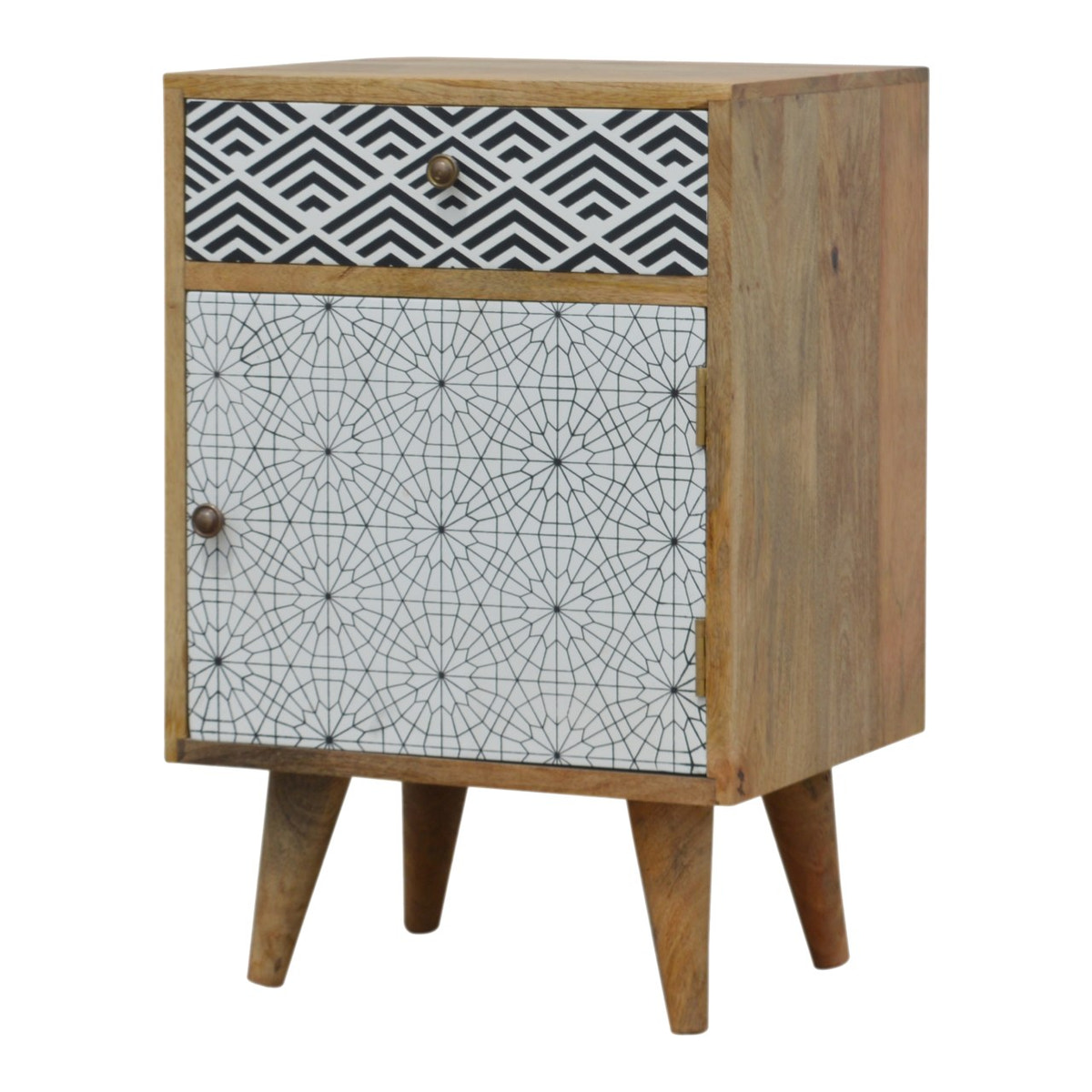 Mixed Pattern Bedside Table | Oak-Ish Solid Mango Wood