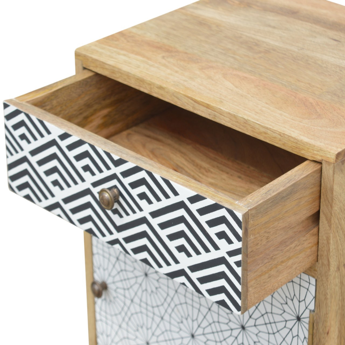 Mixed Pattern Bedside Table | Oak-Ish Solid Mango Wood