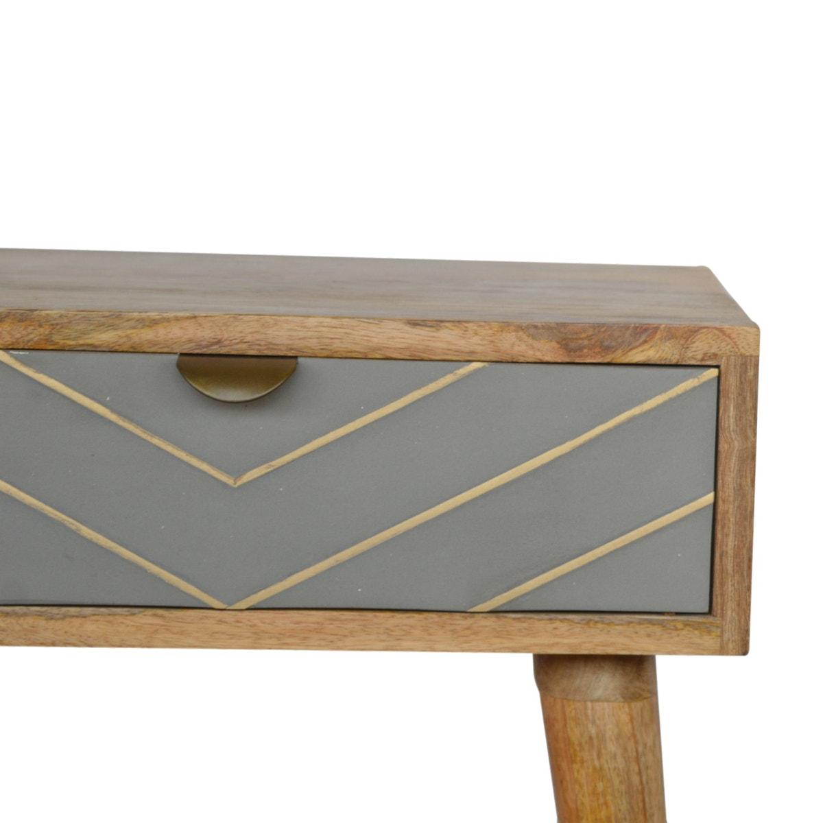 Sleek Cement Brass Inlay Bedside Table | Oak-Ish Solid Mango Wood