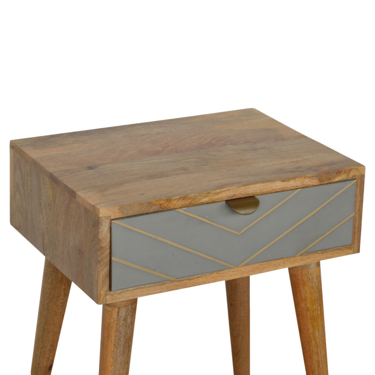 Sleek Cement Brass Inlay Bedside Table | Oak-Ish Solid Mango Wood