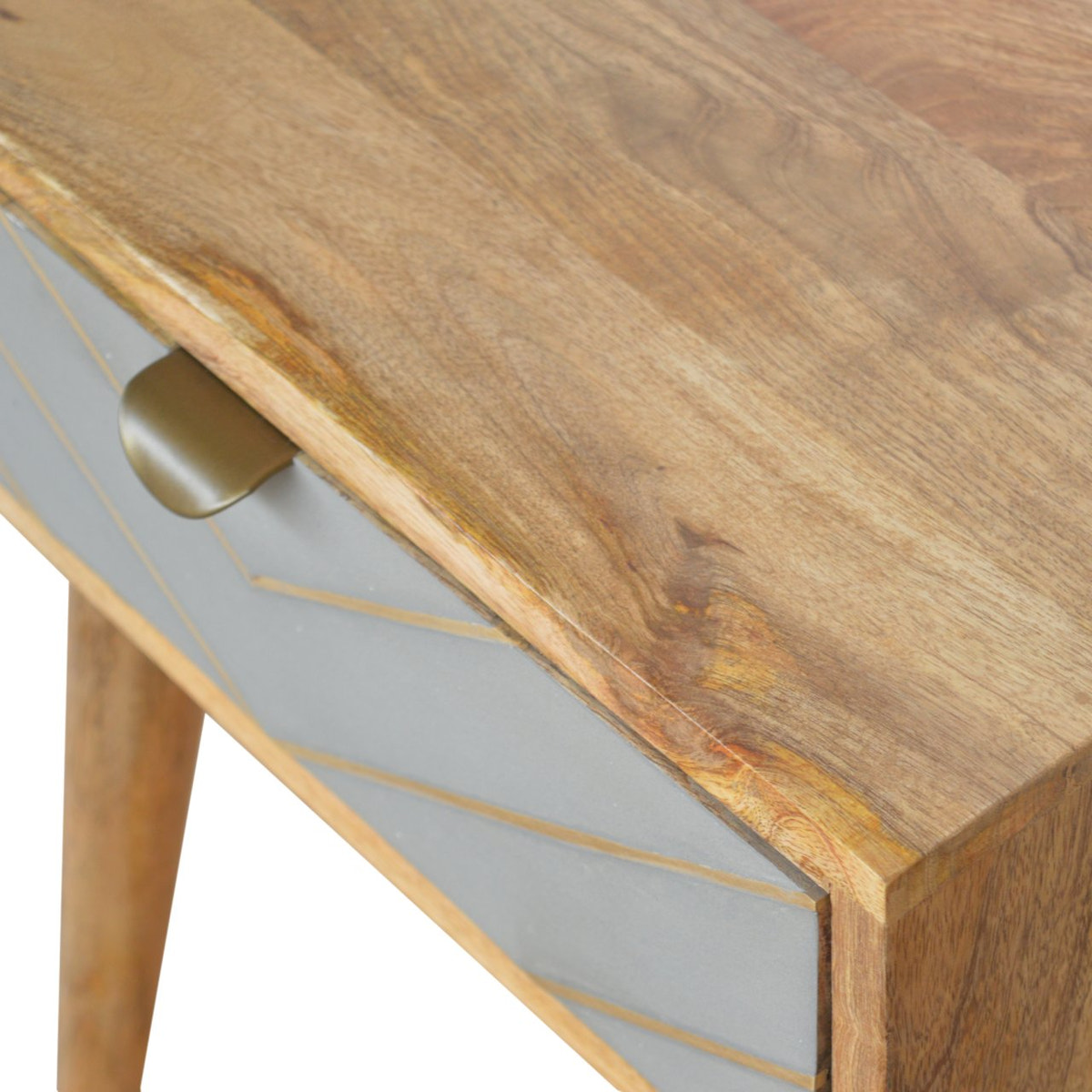 Sleek Cement Brass Inlay Bedside Table | Oak-Ish Solid Mango Wood
