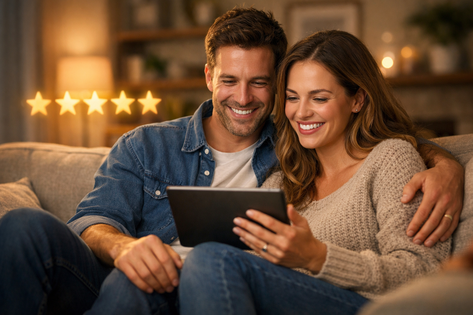 Happy customers relaxing at home on a sofa looking at a tablet together, subtle glowing star rating icons floating softly in the background, warm cozy living room lighting, natural lifestyle photography, smiling satisfied couple suggesting positive product reviews, modern home interior.