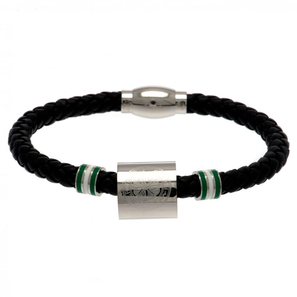 Celtic FC Leather Bracelet with Stainless Steel Colour Rings and Engraved Club Crest