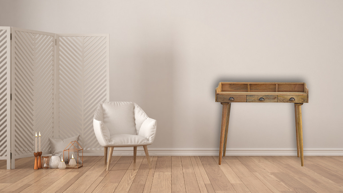Gallery Back Shell Writing Desk | Oak Solid Mango Wood