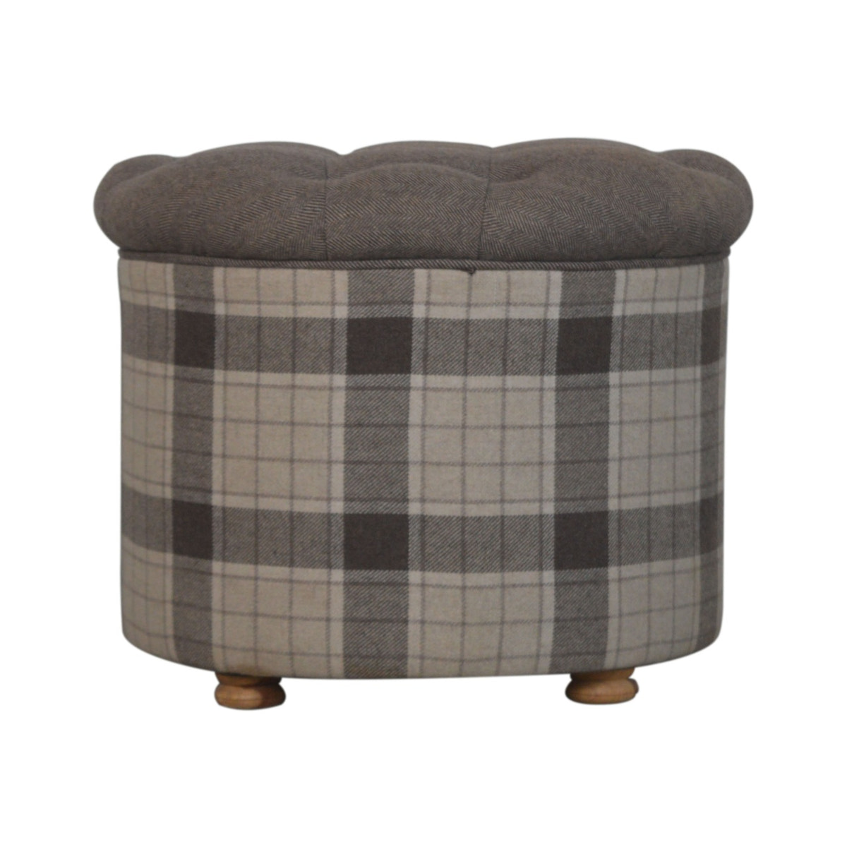 Deep Button Round Checked Footstool | Oak-Ish Solid Mango Wood