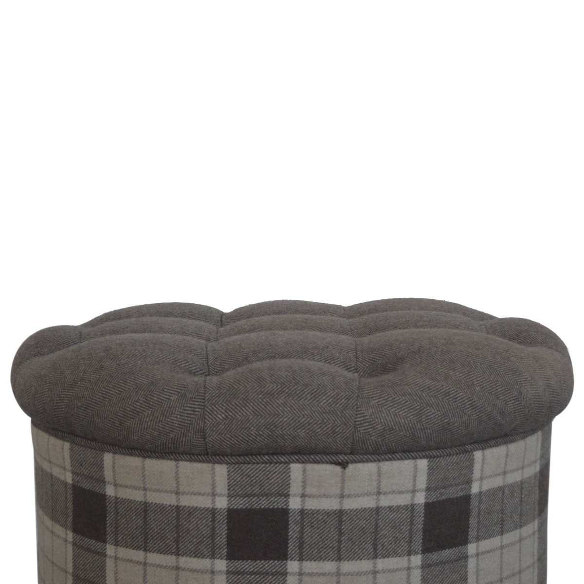 Deep Button Round Checked Footstool | Oak-Ish Solid Mango Wood