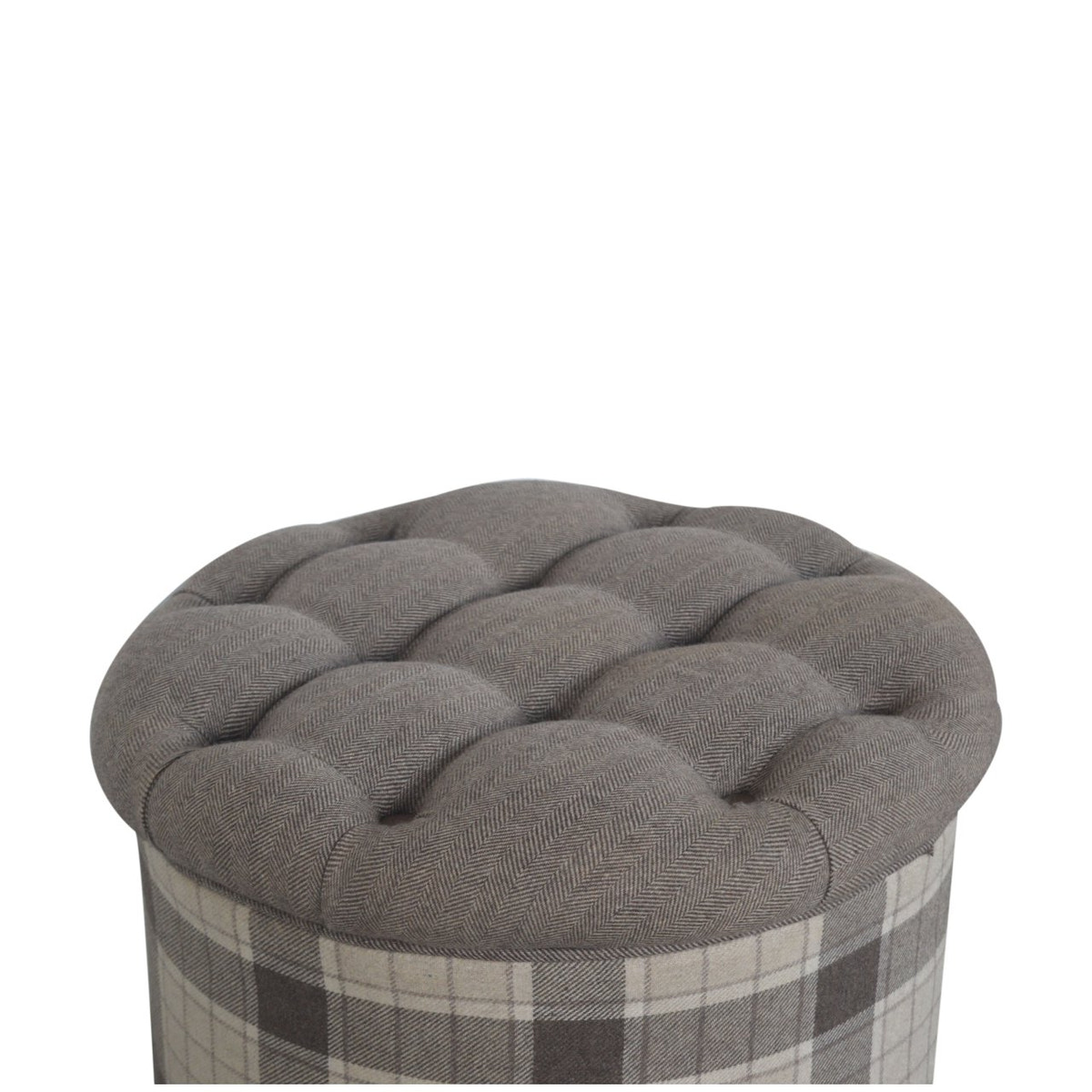 Deep Button Round Checked Footstool | Oak-Ish Solid Mango Wood