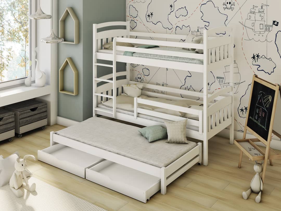 Single (3ft) Premium Solid Pine Bunk Bed with Trundle & Storage Drawers White Matt Foam Mattresses