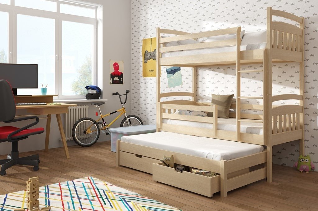 Single (3ft) Premium Solid Pine Bunk Bed with Trundle & Storage Drawers Pine Foam Mattresses