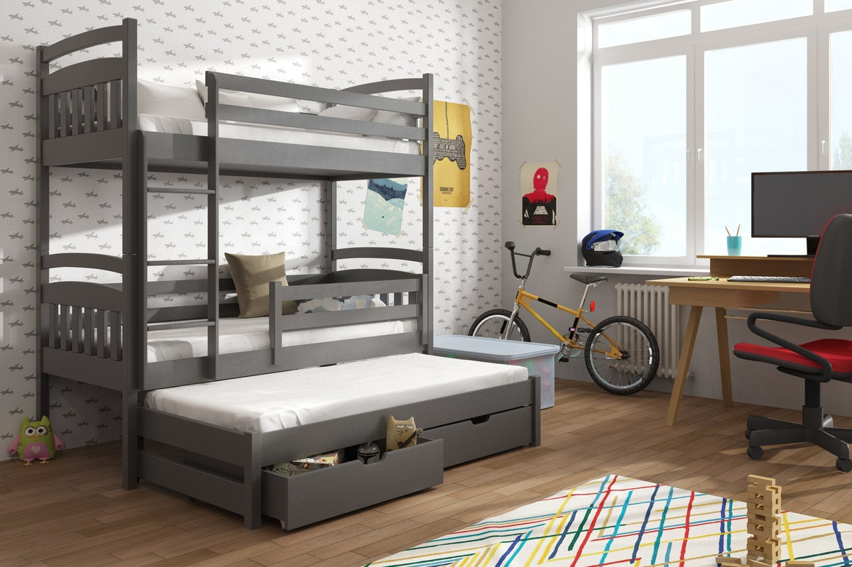 Single (3ft) Premium Solid Pine Bunk Bed with Trundle & Storage Drawers Graphite