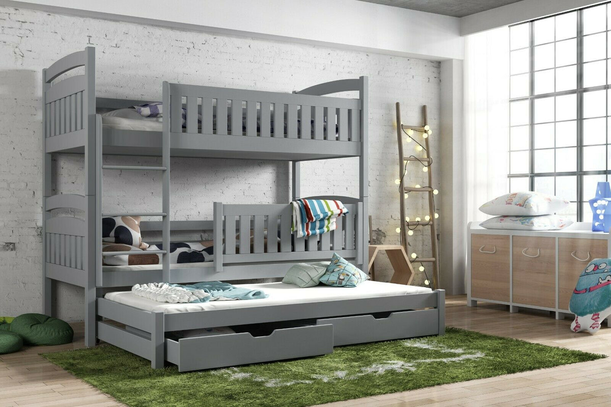 Solid Pine Bunk Bed with Trundle & Storage – Single 3ft | Non-Toxic Paint Triple Sleeper Kids Bed Grey