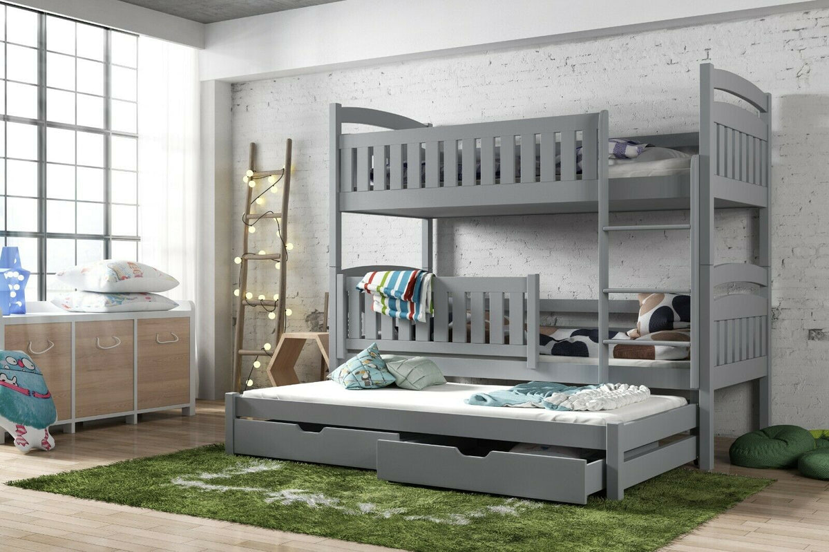 Solid Pine Bunk Bed with Trundle & Storage – Single 3ft | Non-Toxic Paint Triple Sleeper Kids Bed Grey Foam Mattresses