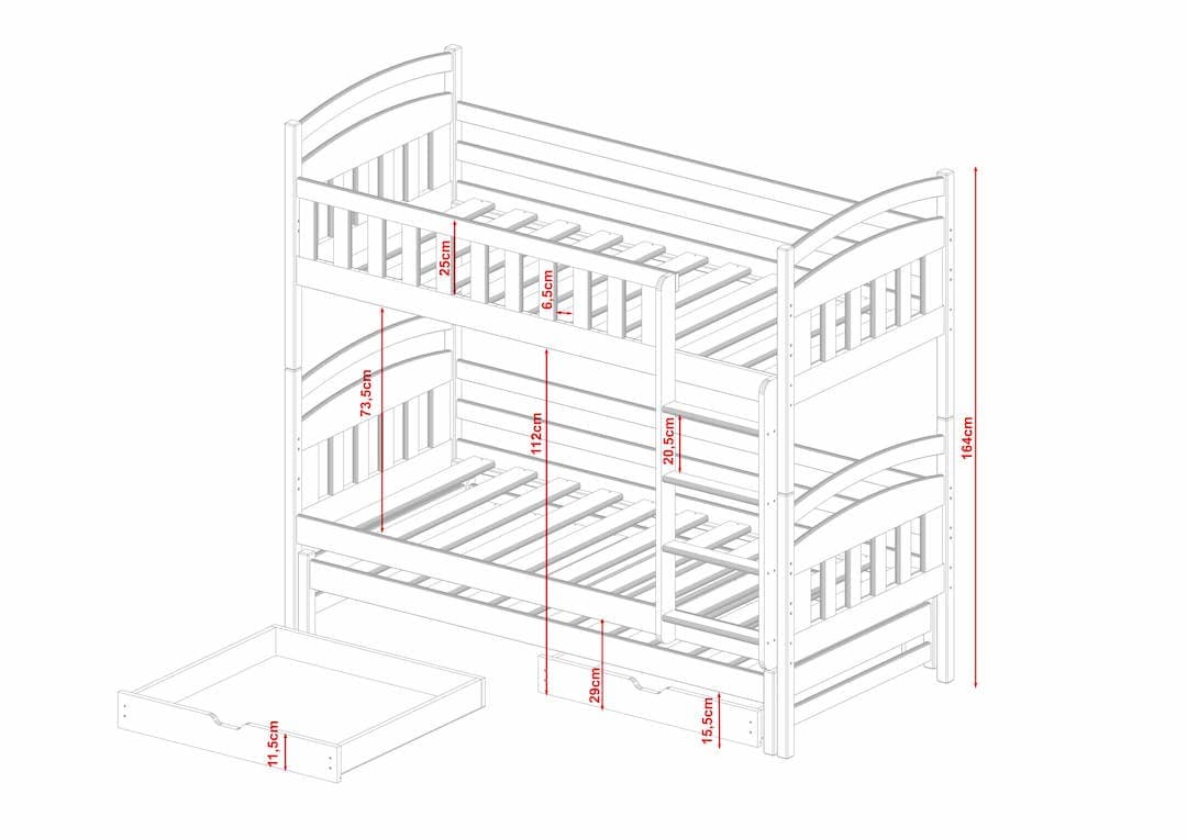 Solid Pine Bunk Bed with Trundle & Storage – Single 3ft | Non-Toxic Paint Triple Sleeper Kids Bed