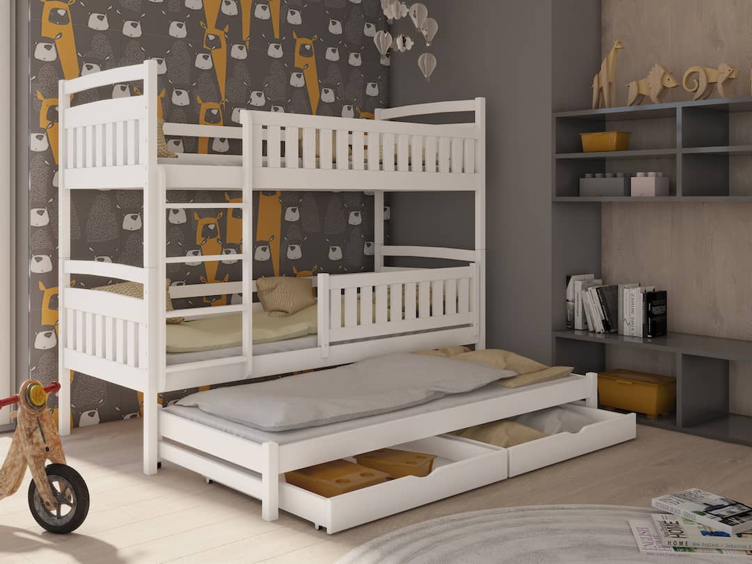 Solid Pine Bunk Bed with Trundle & Storage – Single 3ft | Non-Toxic Paint Triple Sleeper Kids Bed