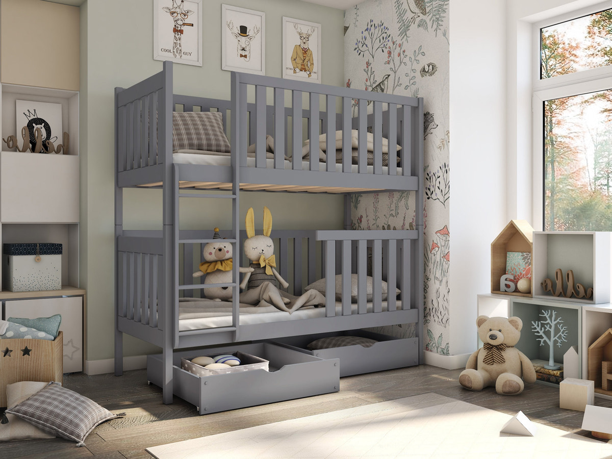 Single (3ft) Solid Pine Bunk Bed with 2 Storage Drawers Grey Matt Without Mattresses