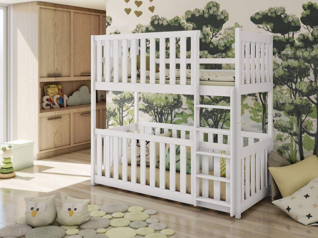 (60x120cm) Solid Pine Bunk Bed with Integrated Cot White Matt Foam Mattresses