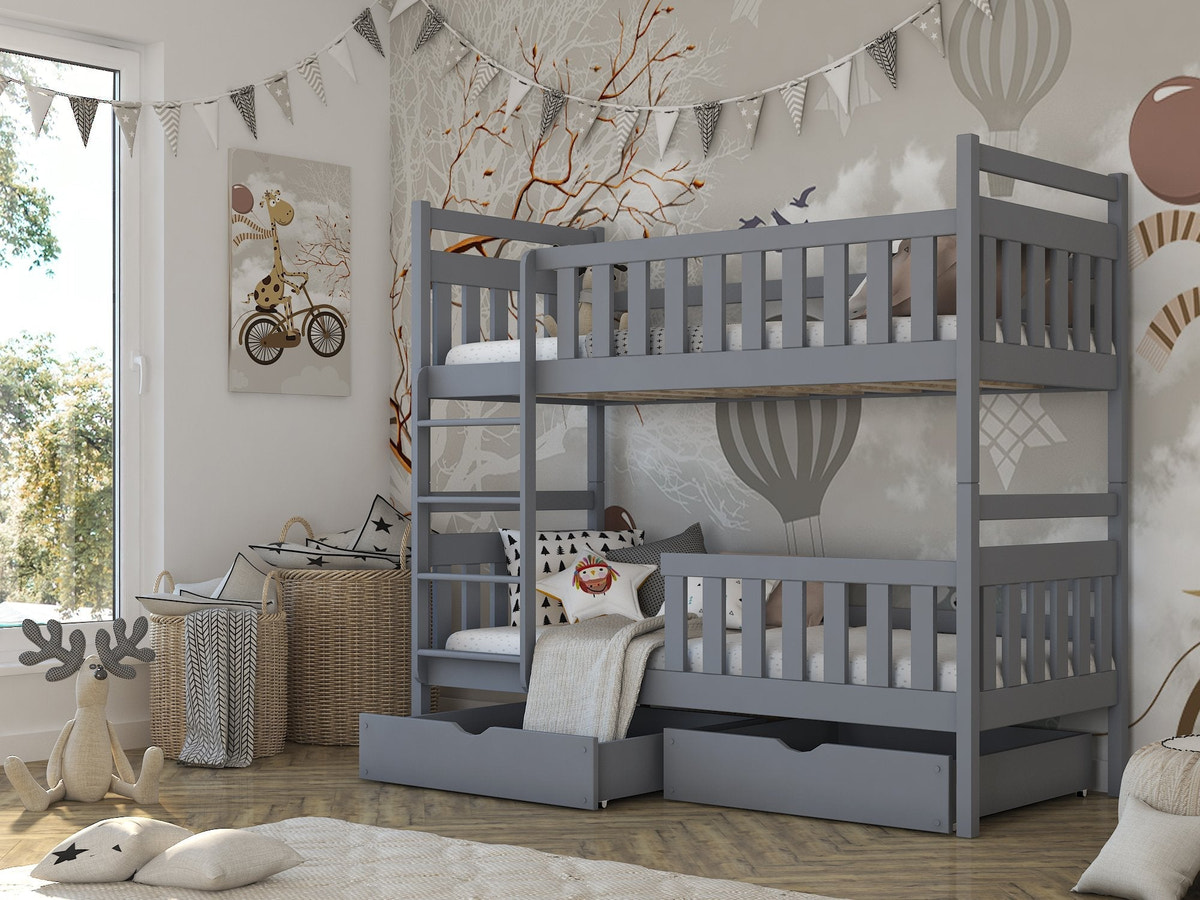 Single (3ft) Solid Pine Bunk Bed with Storage Drawers Grey Matt Foam Mattresses