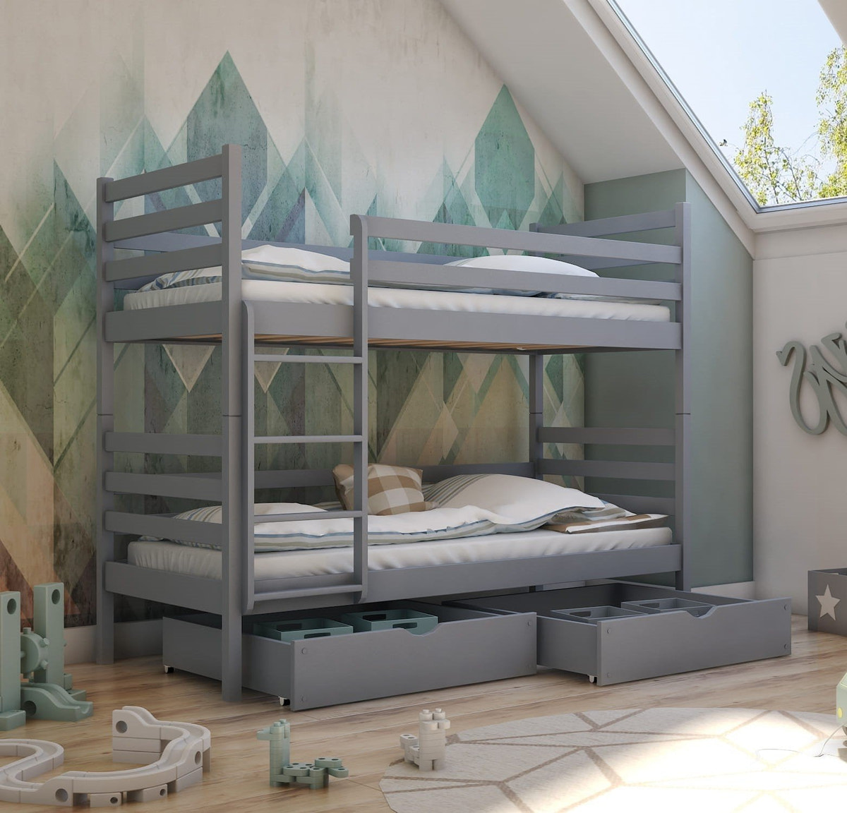 Single (3ft) Solid Pine Bunk Bed with 2 Under Bed Storage Drawers Grey Matt