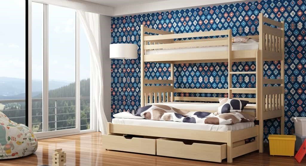 Solid Pine Bunk Bed with Trundle & Storage – Single 3ft | Triple Sleeper Kids Bed with Guard Rails Pine Foam Mattresses