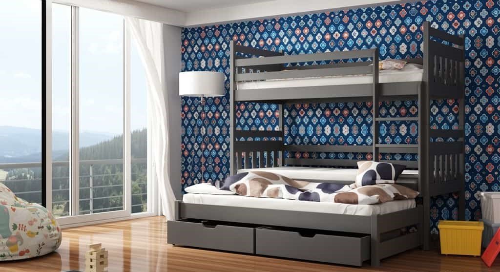 Solid Pine Bunk Bed with Trundle & Storage – Single 3ft | Triple Sleeper Kids Bed with Guard Rails Graphite Foam Mattresses