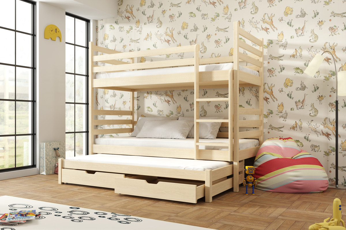 Single (3ft) Solid Pine Bunk Bed with Trundle & Storage Drawers Pine Foam Mattresses