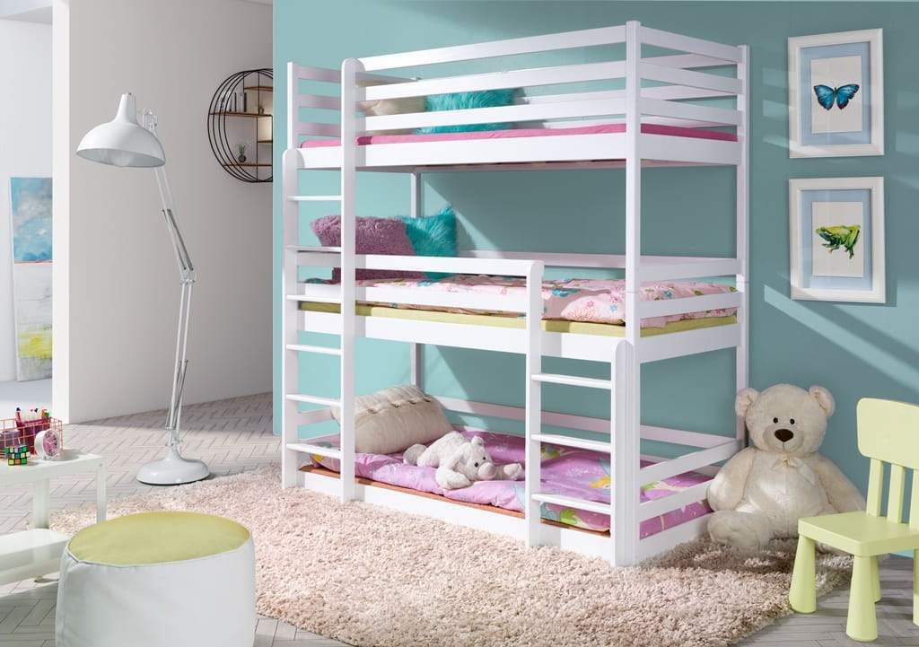 Single (3ft) Solid Pine Triple Bunk Bed Foam Mattresses White Matt