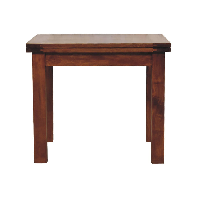 Square chestnut wood butterfly dining table on four straight legs.