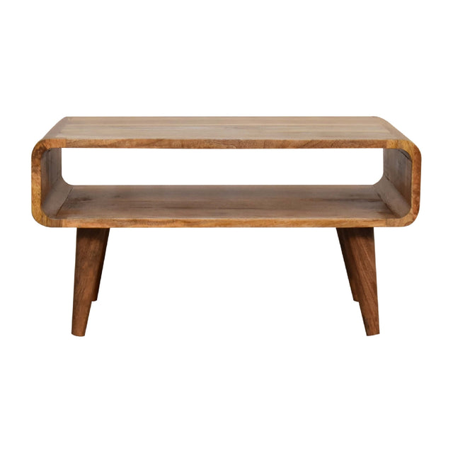 Low oak-ish wood media unit with a rounded open frame, lower shelf and splayed legs.