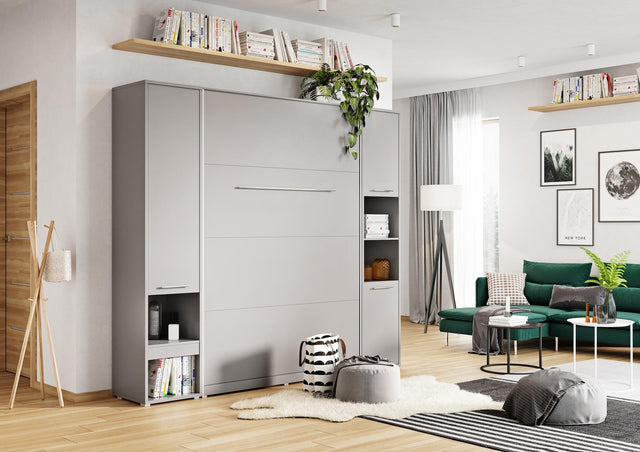 Single (90 × 200cm) vertical wall bed with side cabinets, folded up in a living room