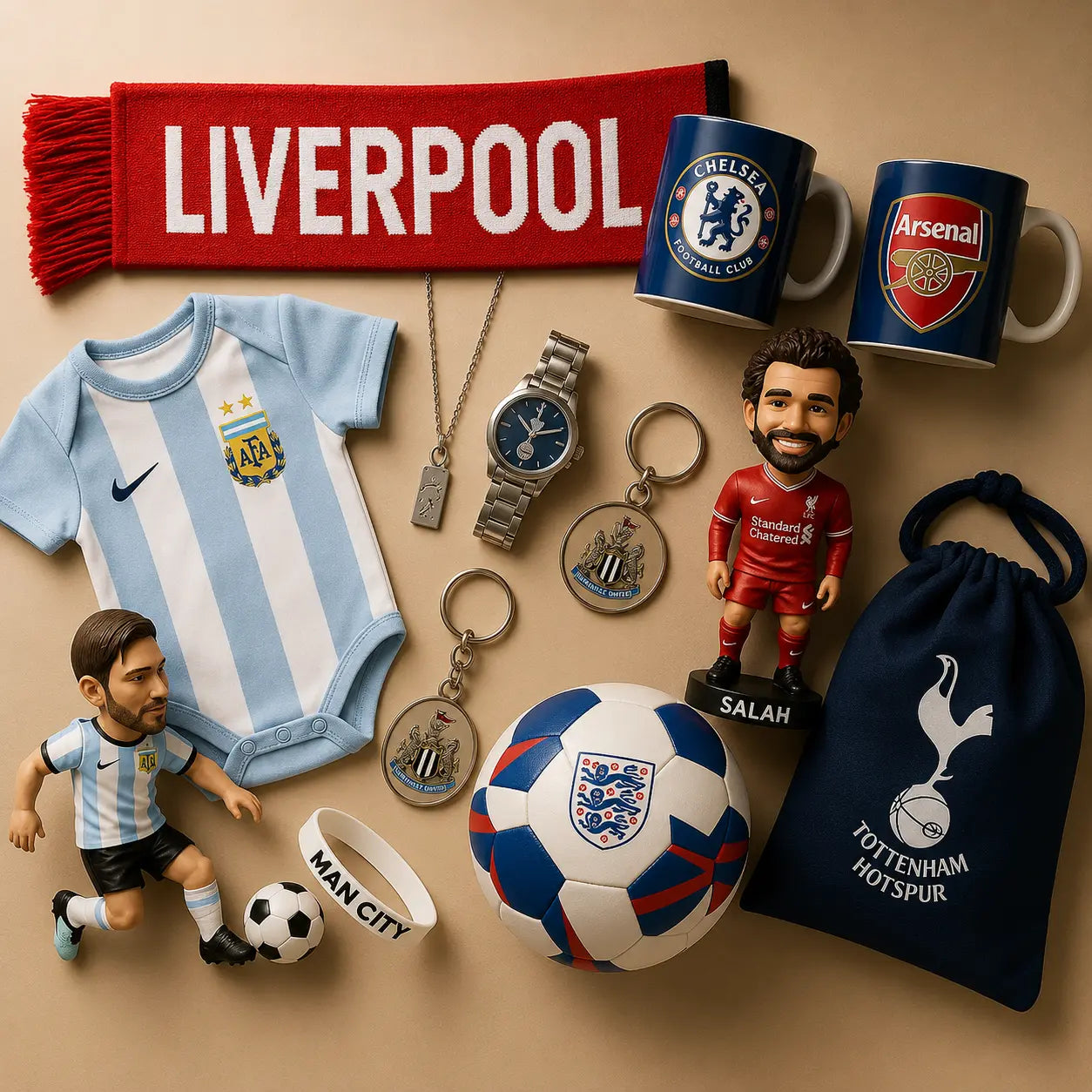 Football fan gear including scarves, mugs, clothing, keyrings, collectables and accessories from popular clubs and international teams.