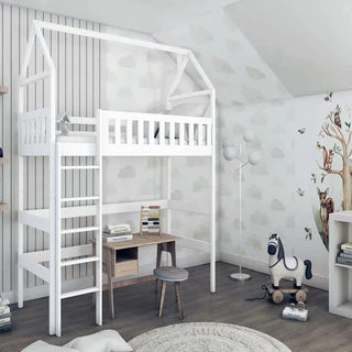 White loft bed with desk.