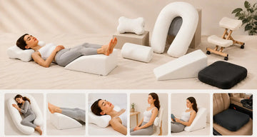 Ergonomic pillow collection for pain relief and comfort: bed wedges, knee pillows, leg-elevation, lumbar, neck supports