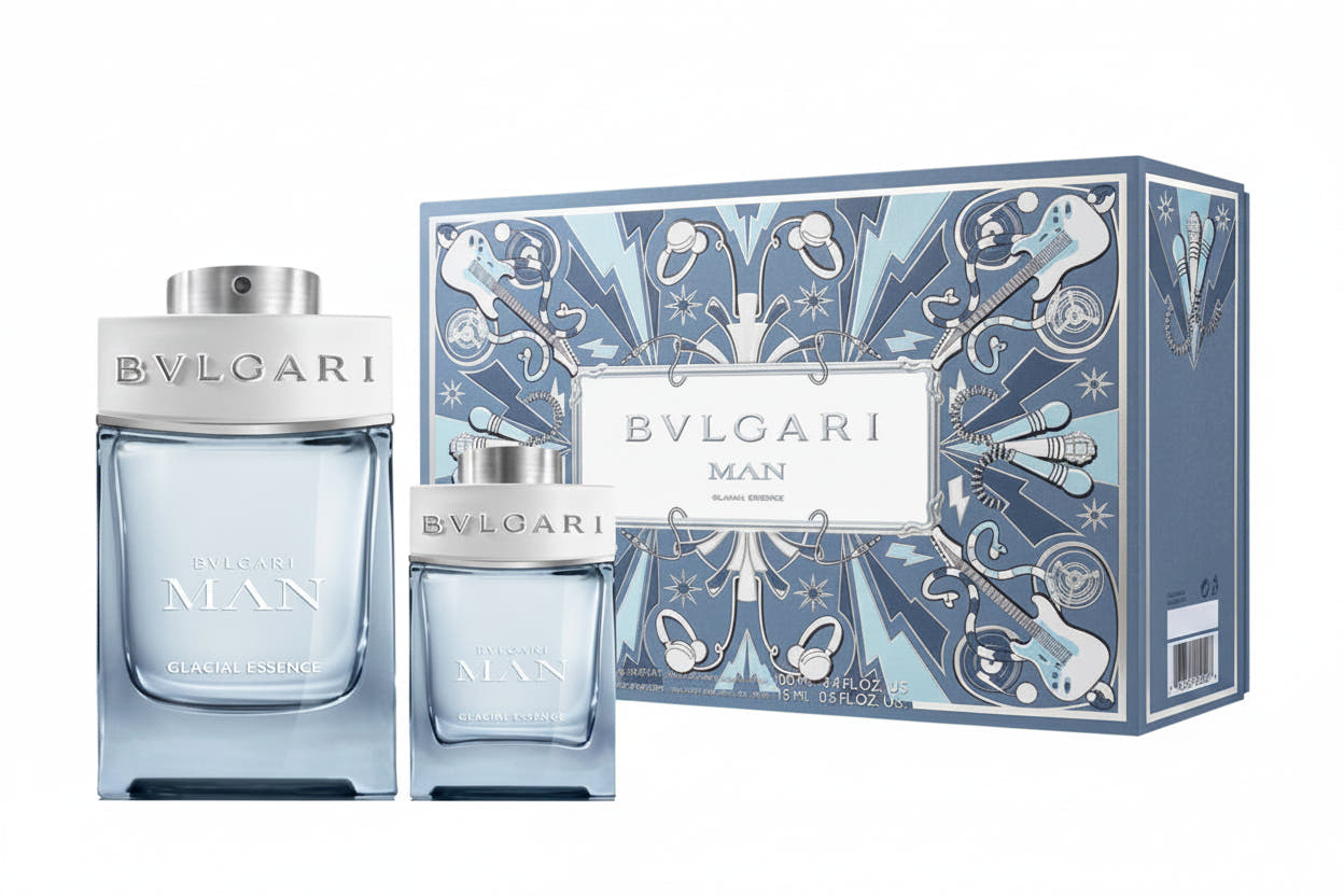 Bvlgari perfume set with bottle and packaging on a white background