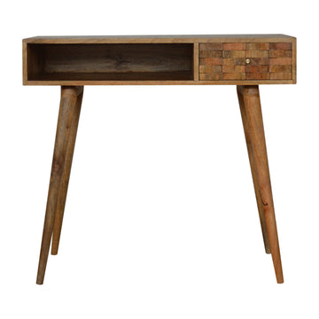 Tile Carved Open Slot Writing Desk | Oak Solid Mango Wood Hand-Carved