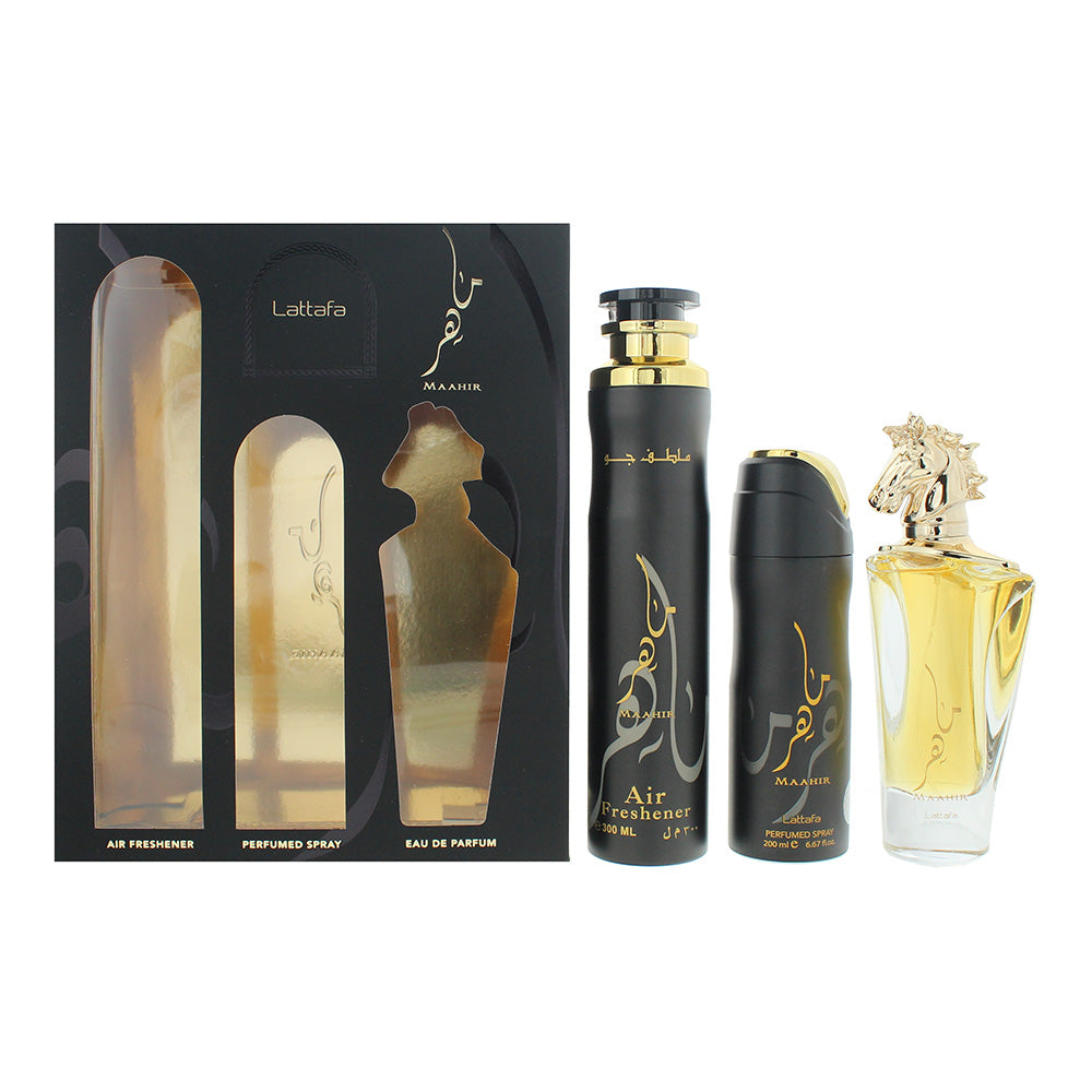 Lattafa Perfumes Maahir Gift Set 100ml EDP + 200ml Perfumed Body Spray + 300ml Air Freshener