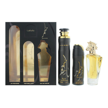Lattafa Perfumes Maahir Gift Set 100ml EDP + 200ml Perfumed Body Spray + 300ml Air Freshener