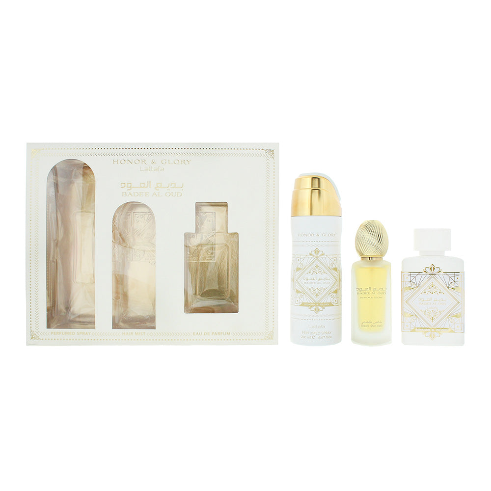 Lattafa Bade'e Al Oud Honor & Glory Gift Set 100 ml Eau de Parfum + 200ml Scented Body Spray + 50ml Scented Hair Spray