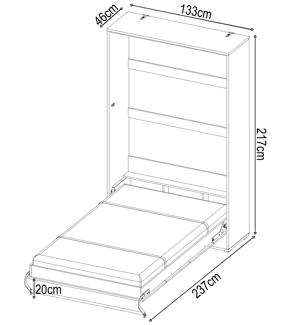 Small double vertical wall bed dimensions: 133cm wide, 217cm high, 46cm deep, 237cm open
