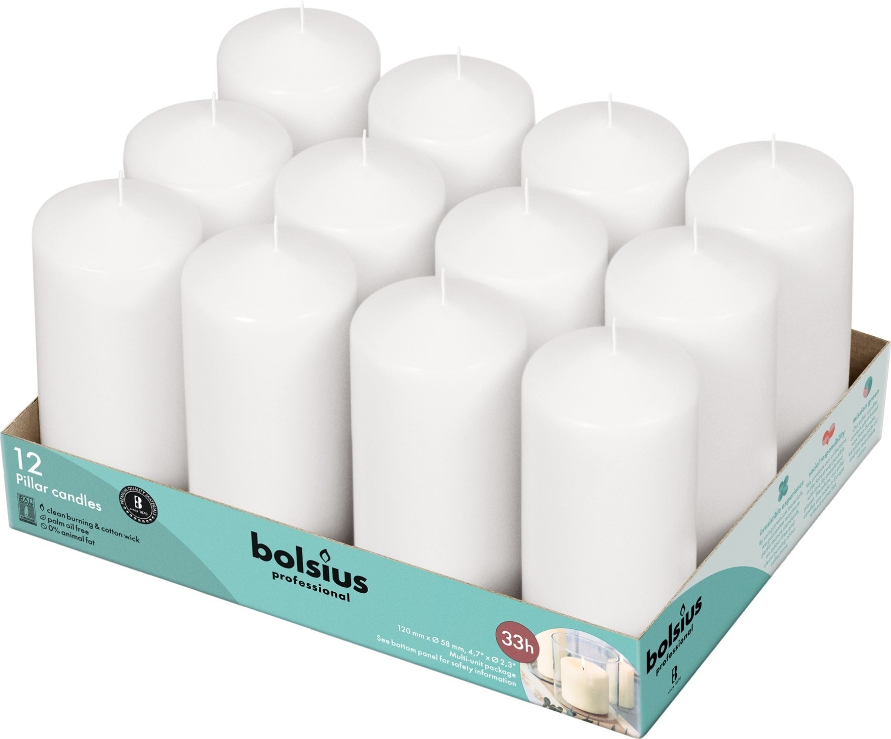 12 Bolsius Professional Pillar Candles - White (118/58mm)