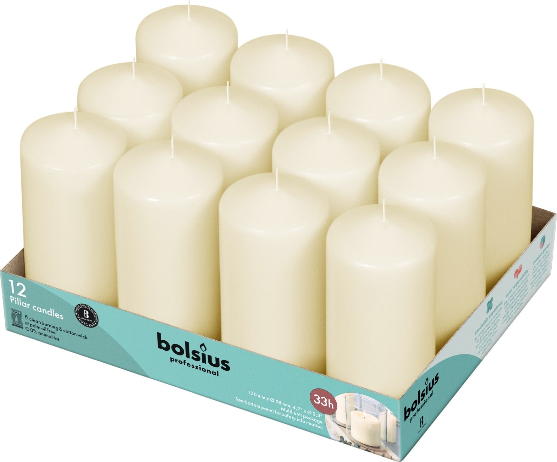 12 Bolsius Professional Pillar Candles - Ivory  (118/58mm)