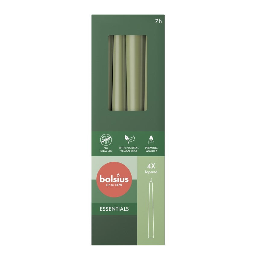 Bolsius Olive Green Box of 4 Tapered Candles (245mm x 24mm)