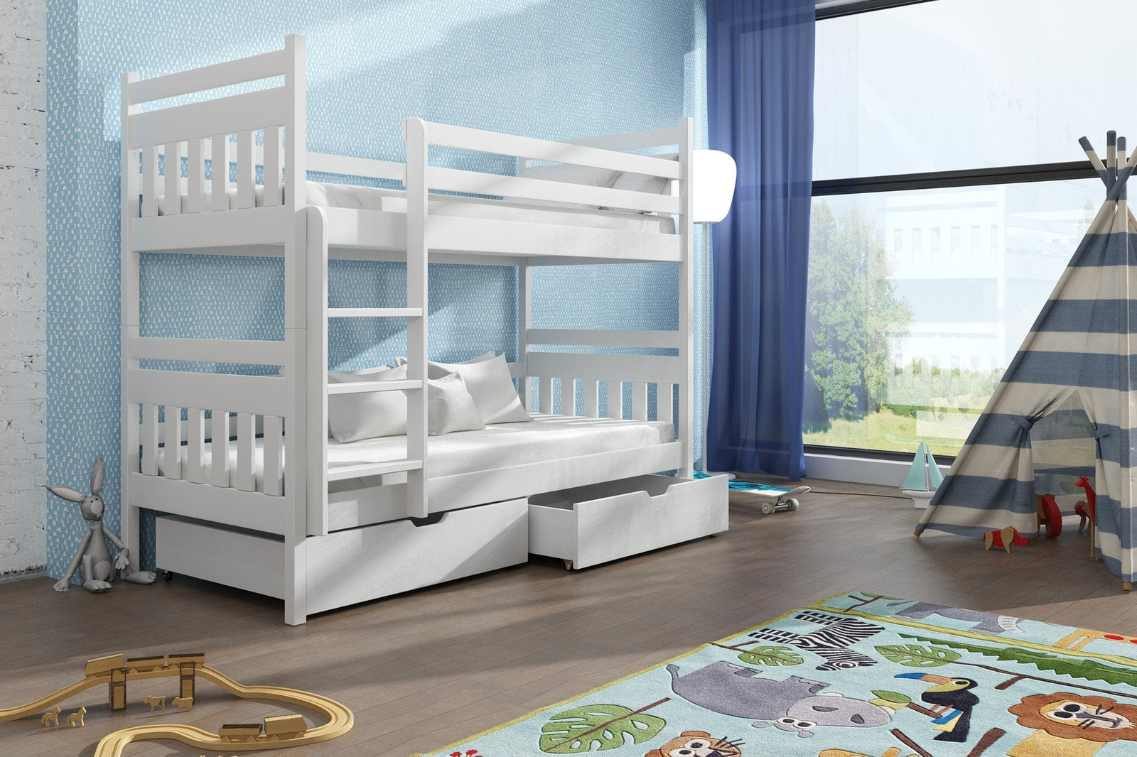 Single (3ft) Solid Pine Bunk Bed with 2 Storage Drawers White Matt