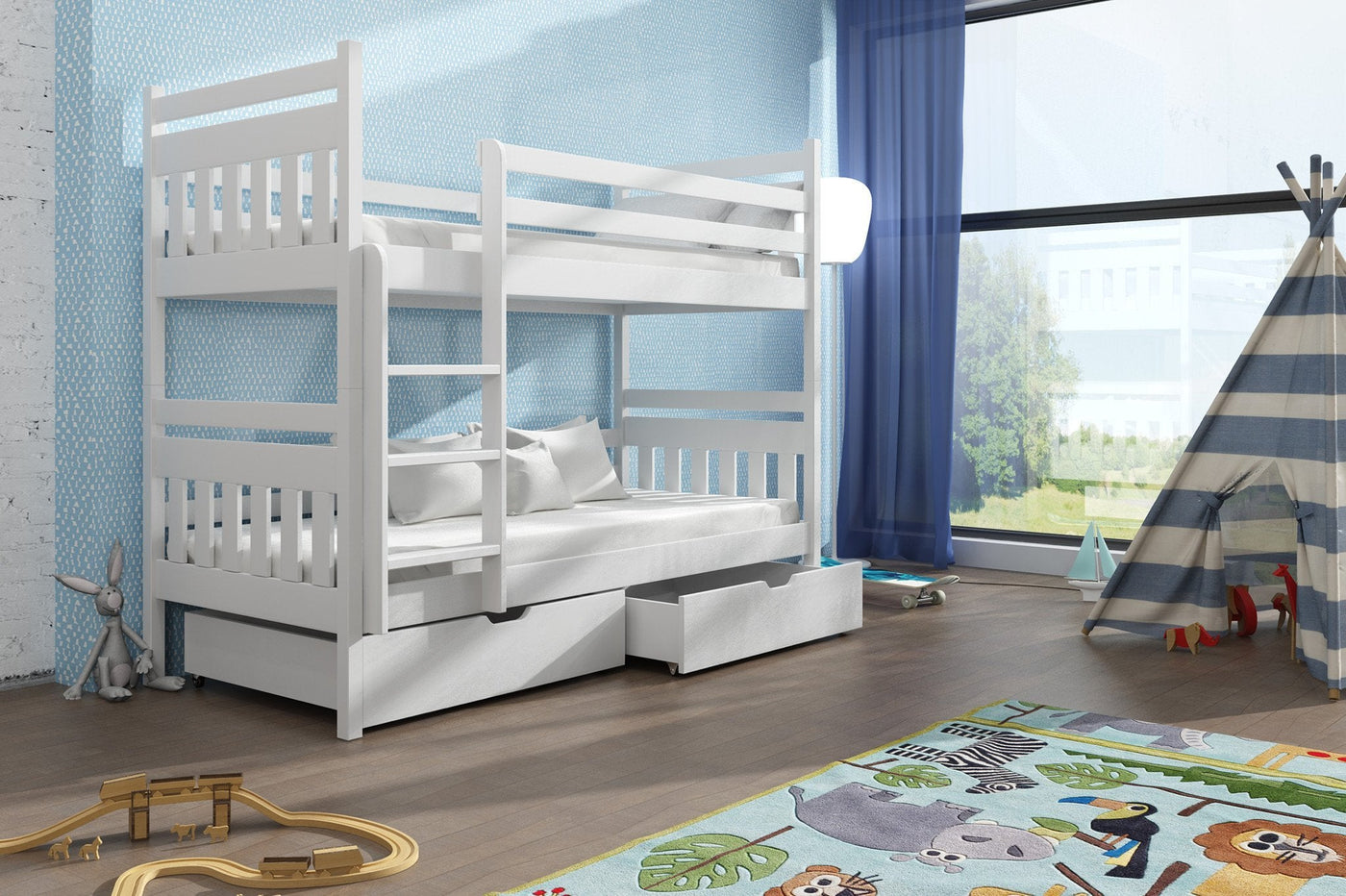 Single (3ft) Solid Pine Bunk Bed with 2 Storage Drawers White Matt