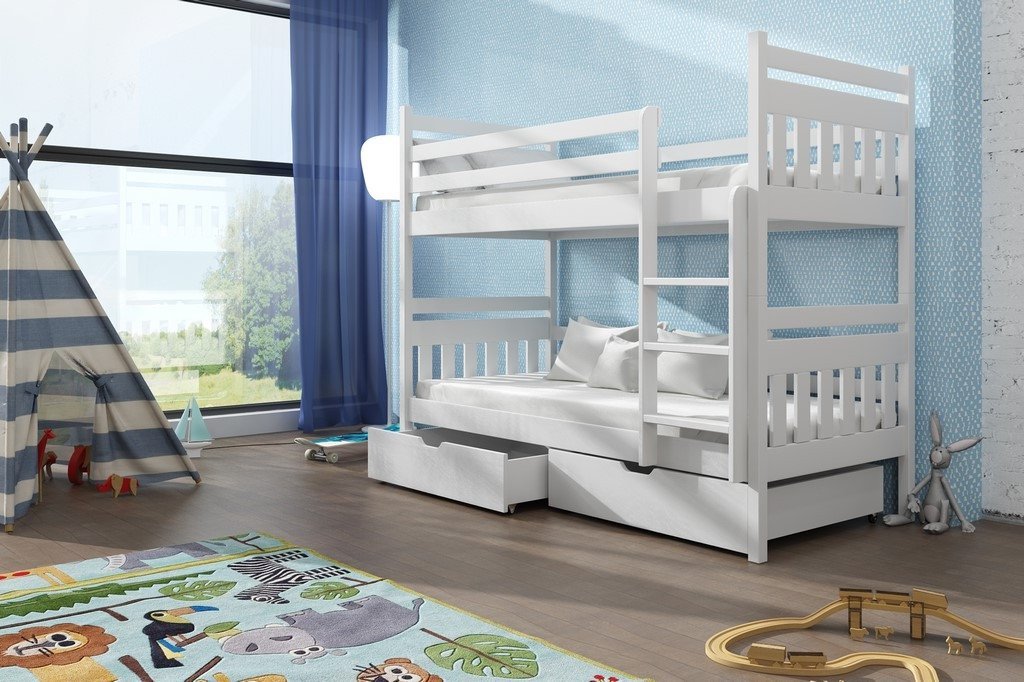 Single (3ft) Solid Pine Bunk Bed with 2 Storage Drawers White Matt Foam Mattresses