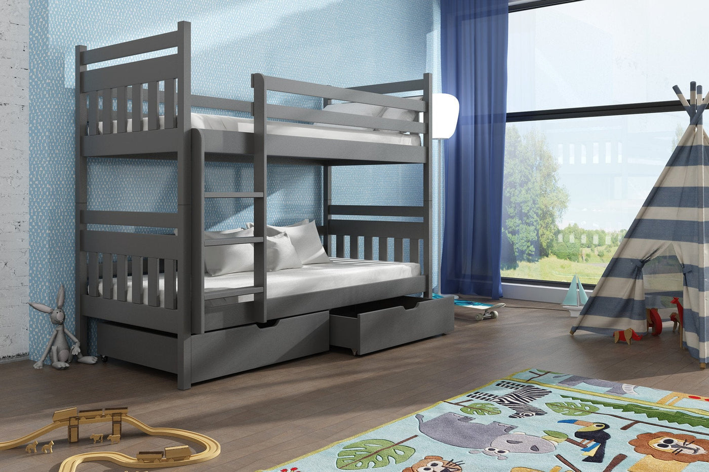 Single (3ft) Solid Pine Bunk Bed with 2 Storage Drawers Graphite